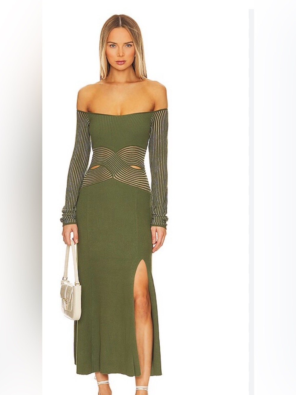 Sovere- Off-Shoulder Olive Green Long Sleeve Maxi Dress with Cutout Detail